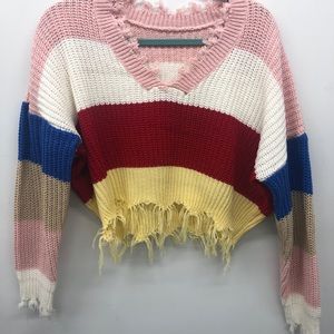 Multicolor Cropped Frayed Sweater